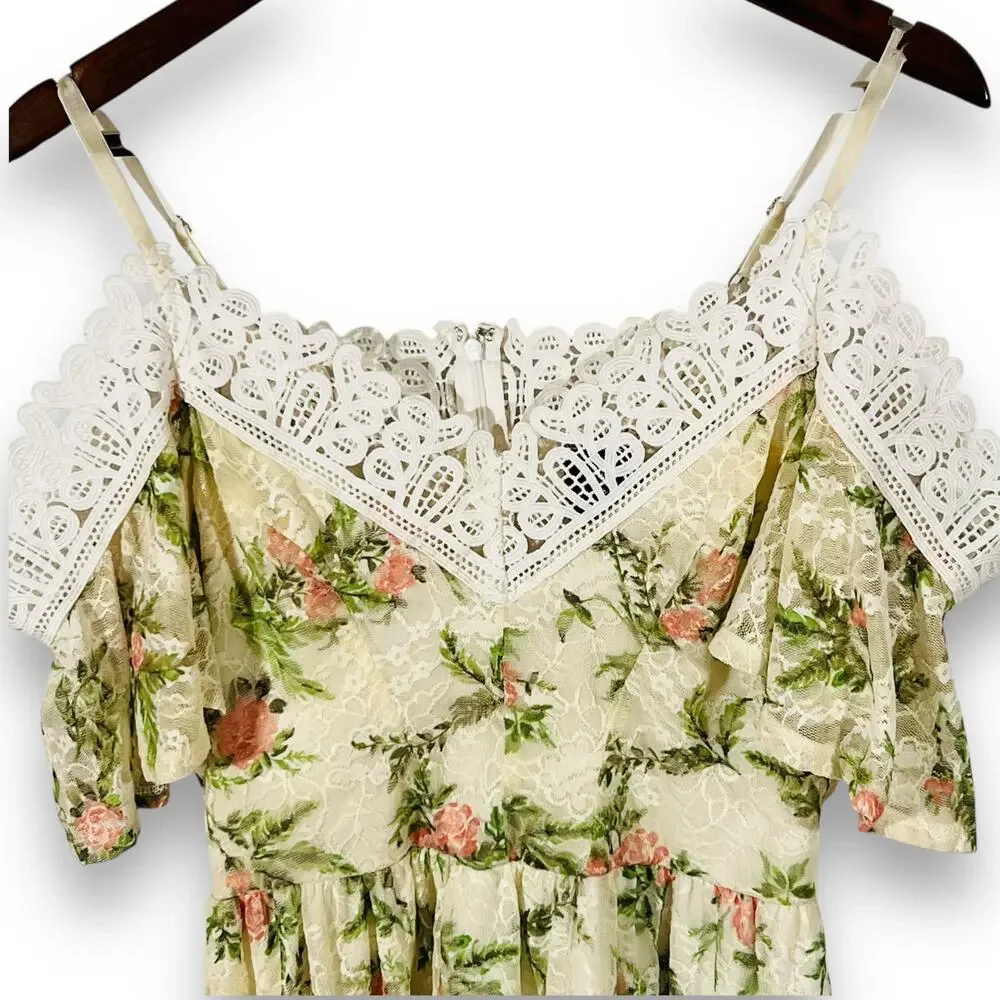 Disney Princess Aurora Dress Girls 7/8 Floral Lace Cold Shoulder Cottagecore